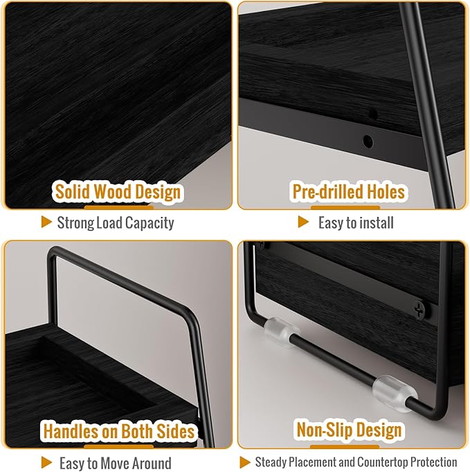 2 Tier Bathroom Counter Organizer Wood - Tiered Bathroom Countertop Shelf with Drawer, Removable Basket & 2 Hooks, Makeup Vanity Organizer for Skincare Perfume Toiletries, 13'' Black