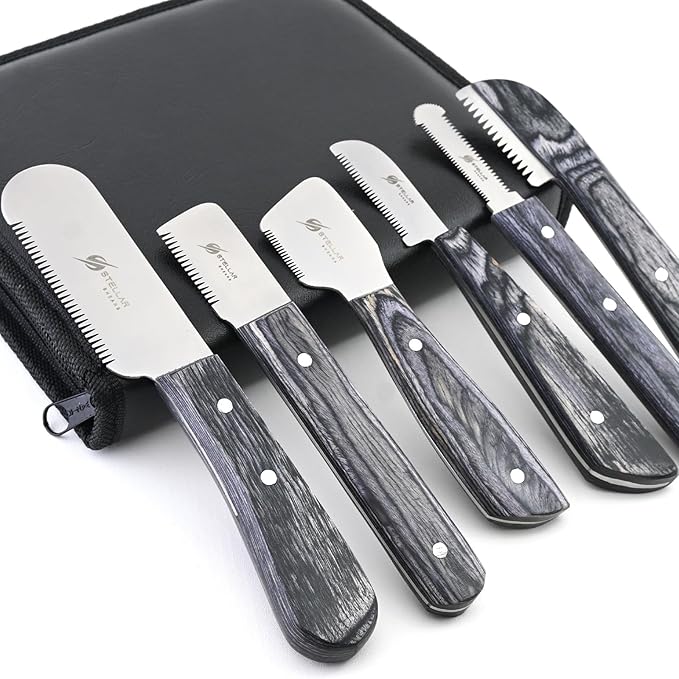 Dog Grooming Stripping Knife Set β 6-Piece Stainless Steel Hand Stripping Tools with Wooden Handles β Coarse, Medium, Fine & Extra-Fine Knives for Dogs, Cats & Wire-Coated Pets (Black)