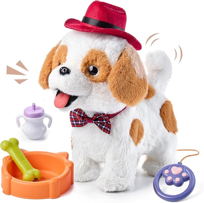 OR OR TU Walking Barking Toy Dog with Remote Control Leash, Plush Puppy Electronic Interactive Toys for Kids, Wag Tail, Singing, Pretend Dress Up Realistic Stuffed Dog Age 3 4 5 6 Years Old Best Gift