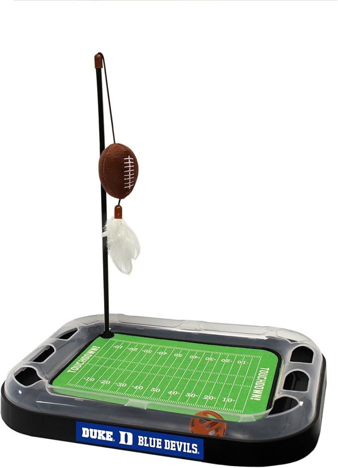 Cats Scratcher NCAA Duke University Football Field CAT Scratcher Toy with Catnip Filled Plush Football Toy & Feather Cat Toy Hanging, with Jingle Bell Interactive Ball Cat Chasing 5-in-1 Kitty Toy