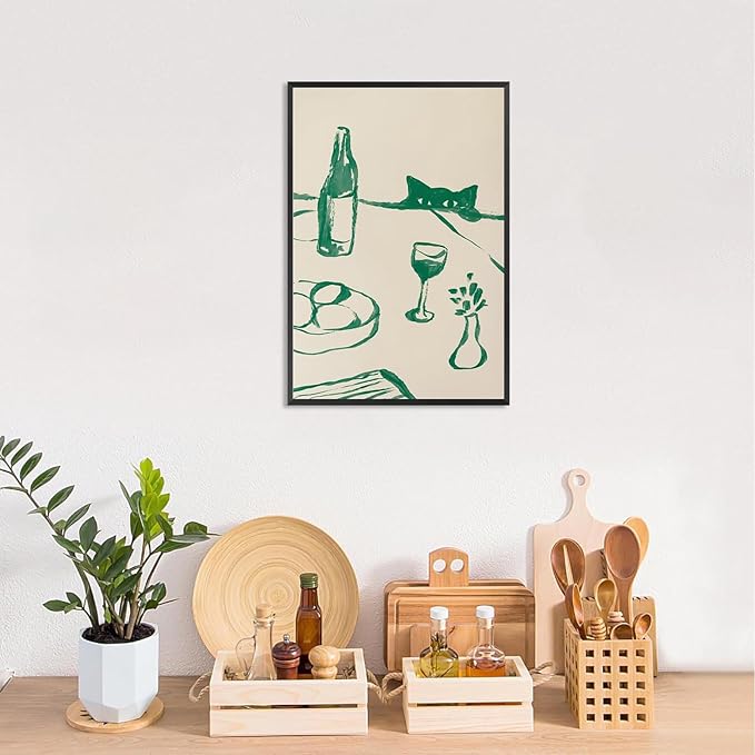 Sneaky Cat Wine Wall Art Funny Kitchen Animal Poster Whimsical Pet Wall Decor Abstract Scandi Dinner Sketch Prints Painting For Living Room Dining Room Wall Decor 16x24in Framed