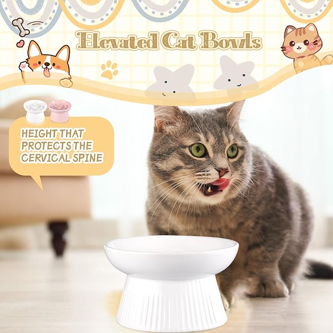 Layhit 2 Pack Raised Slow Feeder Cat Bowls Ceramic Elevated Cat Food Bowls Anti Vomiting Slow Feeder for Dog and Kitten for Dry and Wet Food(Pink, White)