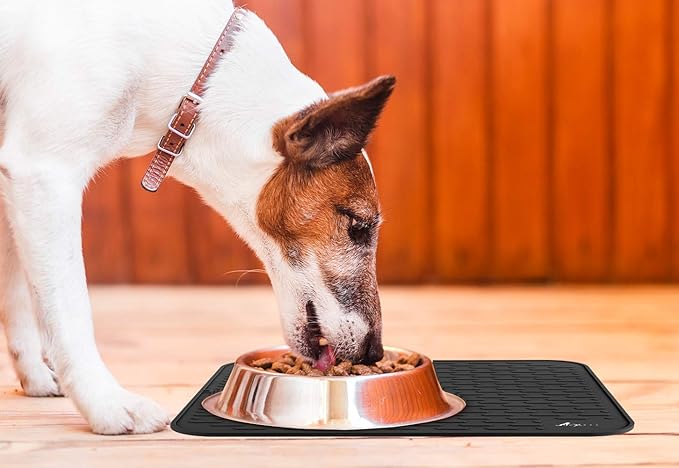 LuxPal Large 17X15 Premium Grade Silicone Dog & Cat Indoor or Outdoor Food Mat for Pets and Animals None Slip Food Tray Placemat for All Floors, Washable, Food Grade, (Black)