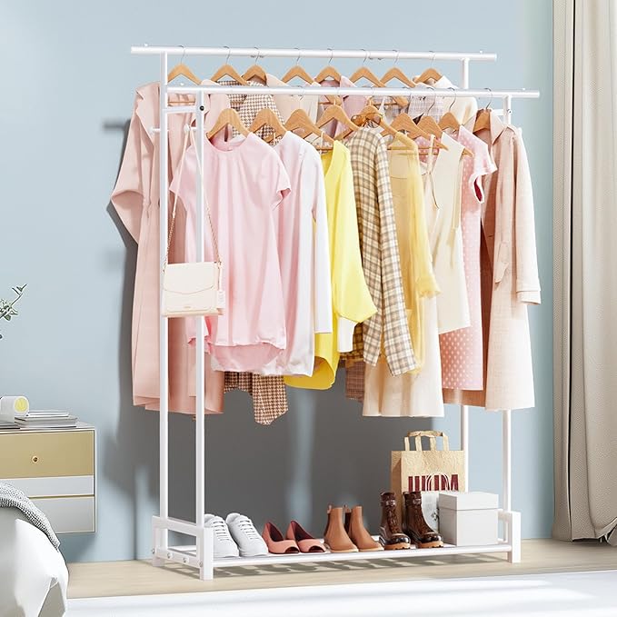 Clothes Rack for Hanging Cloth,Double Rods Metal Clothes Rack with Storage Shelf and Coat/Hat Hook, Freestanding Clothing Rack for Bedroom, Laundry, Cloakroom, White