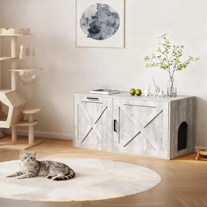 Cat Litter Box Enclosure Furniture with Storage Compartment, Hidden Litter Box Cabinet with Dedicated Space for Trash Can for Living Room, Bedroom, 35.4 x 19.4 x 17.7 Inches,Taupe