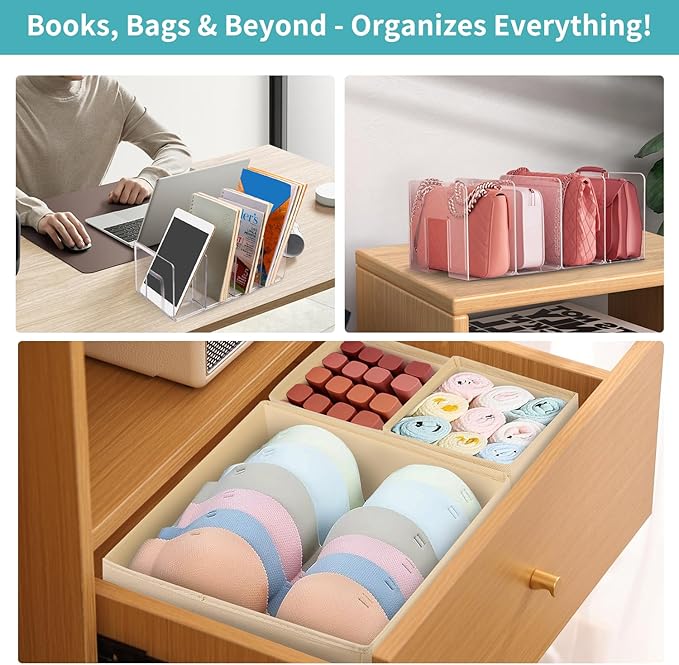 2 Acrylic File Sorters with 4 Sections for Documents/Notebooks and 3 Foldable Fabric Drawer Dividers for Clothes, Underwear, Socks, Towels - Multifunctional Storage Boxes for Home Office and Bedroom