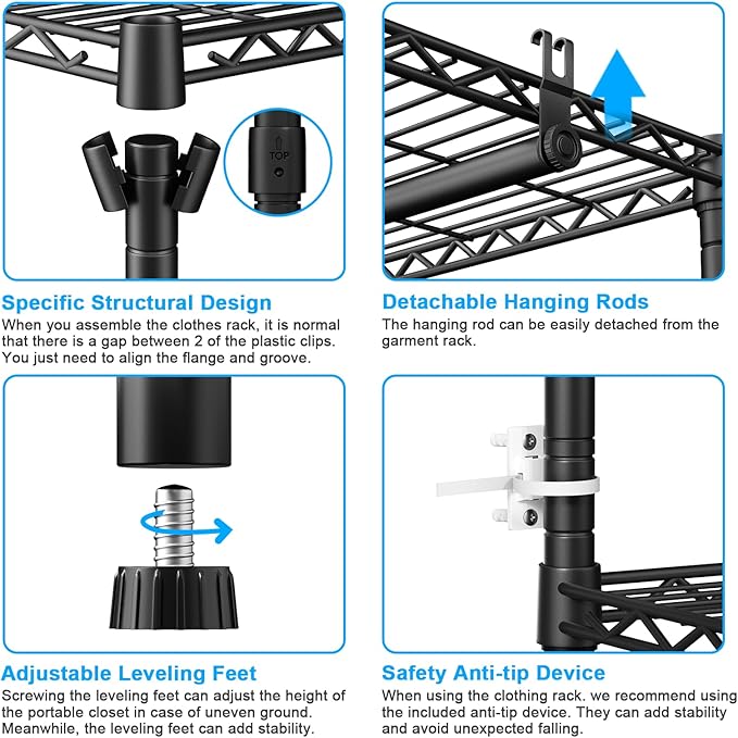 Ulif E13 Max Heavy Duty Clothes Rack(With 4 Hanger Rods & 8 Shelves) Freestanding Clothing Racks for Hanging Clothes,Adjustable Closet,Metal Garment Rack 86" W x16 D x77 H,Max Load 1100LBS,Black