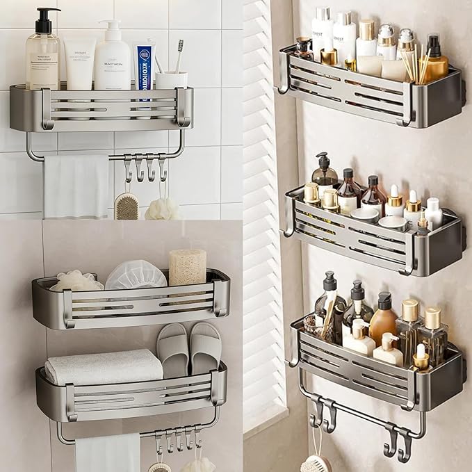 Corner Shower Shelf Caddy Suction Cup, No Drill Hole with Towel Bar and Hook, Gray Bathroom Storage Rack, Zero Drill Square Shelves, Store Toiletries and Bath Towel for Bathroom Kitchen RV