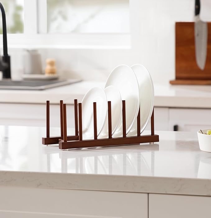 HBlife 6 Slots Teak Dish Plate Bowl Cup Book Pot Lid Cutting Board Drying Rack Stand Drainer Storage Holder Organizer Kitchen Cabinet(Keep Dry)