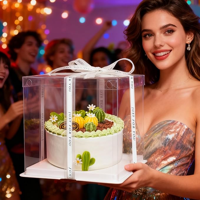 8Pcs Clear Cake Box with Ribbon 2-Layer 10x10x9 Inch, Transparent Cake Box with Lids, Tall Cake Boxes, Transport Gift Boxes for Birthday Wedding Valentine'Day.(Clear, 10 * 10 * 9inch/8pcs)