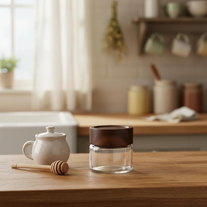 Wide Mouth Glass Storage Jars With 2.5" Acacia Wood Lids - 6 Pack of 4 Oz Food Storage Containers - Borosilicate Glass Canisters Sets For Kitchen - Pantry Organizers and Storage for Rice Coffee Beans