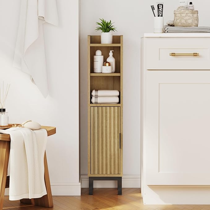 Small Bathroom Storage Cabinet, Corner Narrow Toilet Paper Floor Cabinet with Door and Shelves,Bathroom Organizer with Adjustable Shelf, for Small Spaces (Oak)