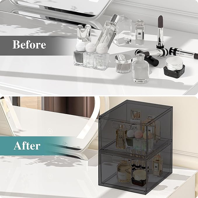 2 Pack Stackable Makeup Organizer and Storage, Acrylic Organizers,Clear Plastic Storage Drawer with Pull-Out Handles for Vanity, Undersink, Kitchen Cabinets, Pantry, Black