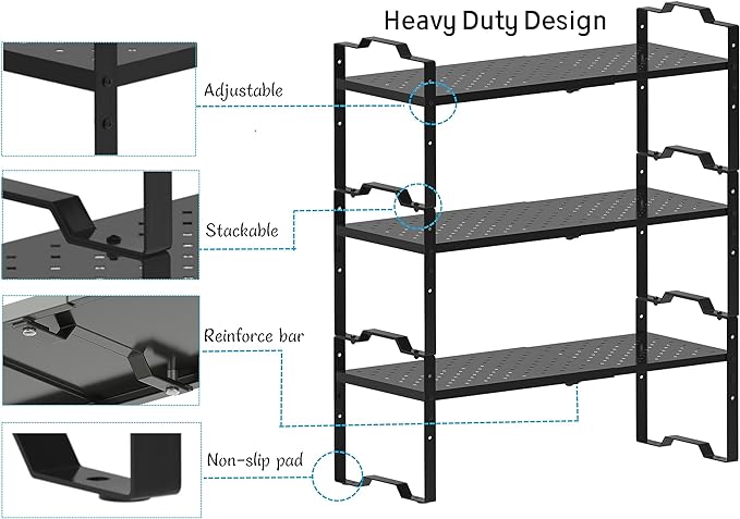 Expandable Shelf for Cabinet Organizer Adjustable Stackable Spice Rack at Kitchen and Bathroom More, Counter Countertop Cupboard Organization Pantry Storage(3 Packs/Black, Medium)