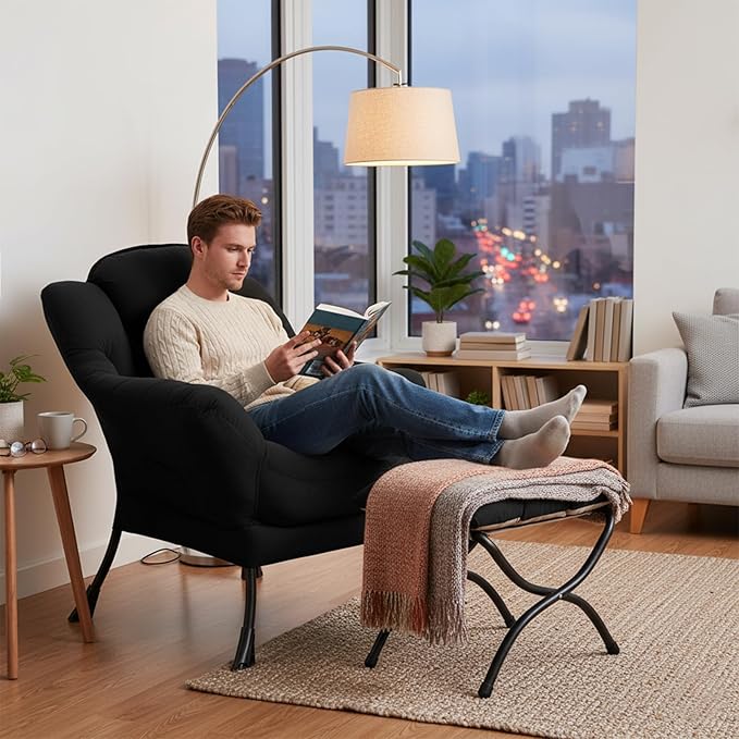 Welnow Lazy Chair with Ottoman, Modern Lounge Accent Chair with Armrests and a Side Pocket, Leisure Sofa Armchair Set, Reading Armchair with Footrest for Small Space, Black