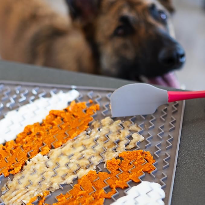 Messy Mutts Silicone Therapeutic Interactive Feeding and Licking Mat | 12” x 12” | Slow Feeder for Boredom & Anxiety | Lick Pad for Cats & Small Dogs | Grey