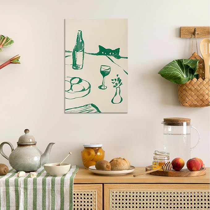 Sneaky Cat Wine Wall Art Funny Kitchen Animal Poster Whimsical Pet Wall Decor Abstract Scandi Dinner Sketch Prints Painting For Living Room Dining Room Wall Decor 24x36in Wrapped Canvas