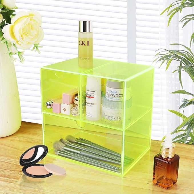 Gelite Desk Organizer with 3 Storage Drawers for Makeup Office Acrylic Desktop Drawer Organizer for Vanity Office Organization and Storage Box, Neon Green