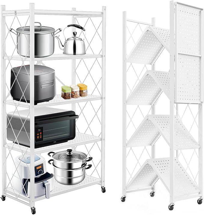 Folding Shelf Foldable Shelves with Wheels - Folding Shelves No Assembly, Collapsible Shelf Unit Display, Kitchen Organizers and Storage, Pop Up Heavy Duty Rack , 5-Tier White 28"D x 14"W x 63"H