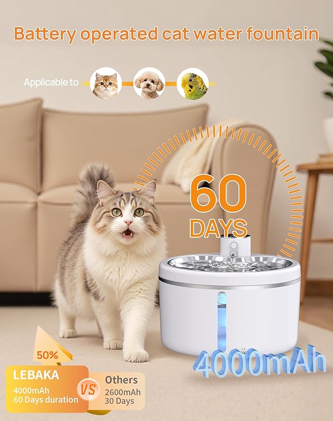 Wireless Cat Water Fountain with Stainless Steel Tray, 102oz/3L Pet Water Fountain for Cats Inside, Cat Fountain for Drinking with Motion Sensor, Ultra Quiet Pump, Cats & Dogs Gifts -2Filters