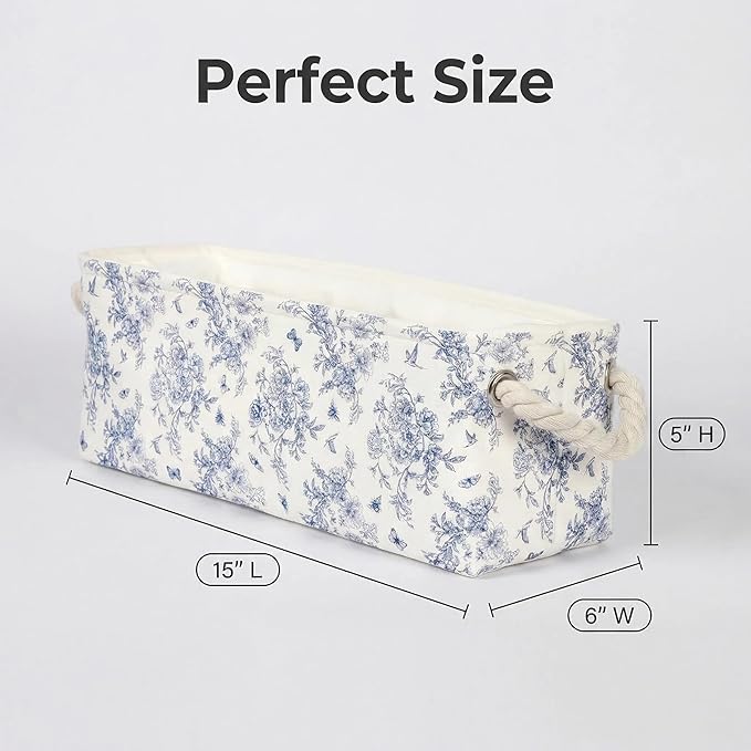 3PC Floral Narrow Storage Bins 15x6x5 inch Blue Flower Small Basket for Closet,Cabinet,Countertop Organizing Small Items Fabric Organizer with Handles, Toilet Paper Storage (Blue flower)