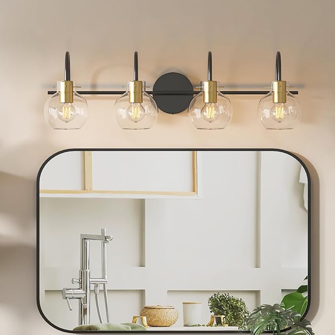 4 Light Bathroom Vanity Light, Black and Gold Light Fixtures, Sconces Wall Lighting with Glass Shade, Modern Brushed Vanity Lights for Bedroom, Hallway,Bathroom Lighting Fixtures Over Mirror