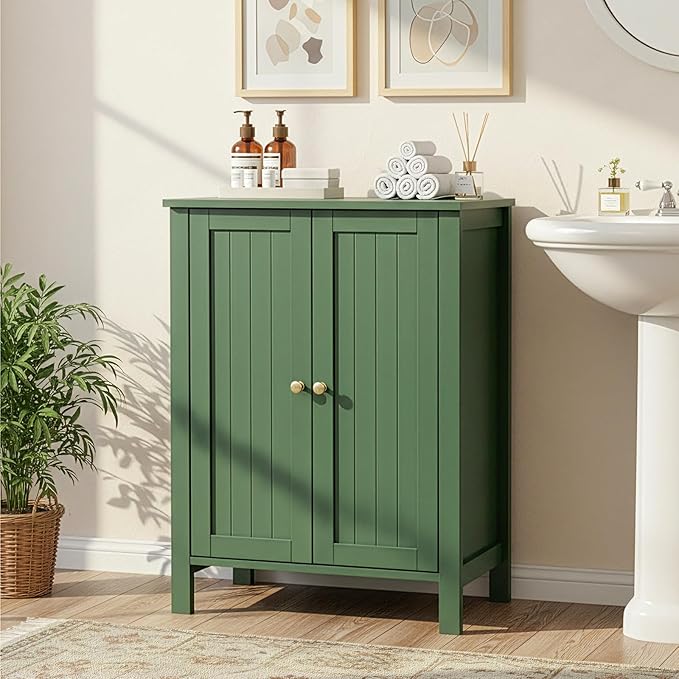 Karl home Freestanding Bathroom Floor Storage Cabinet, Narrow Slim Bathroom Storage Cabinet with 2 Doors and Interior Shelves, Forest Green
