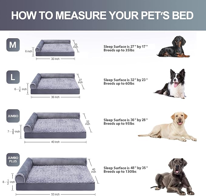 MIHIKK Orthopedic Dog Couch Bed Deluxe Plush L-Shaped with Waterproof Lining Bolster Dog Sleeping Sofa with Removable Washable Cover & Nonskid Bottom Pet Bed for Jumbo Dogs, Gray