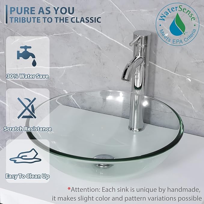 eclife 36" Modern Bathroom Vanity Sink Combo Freestanding Cabinet with Small Side Cabinet, Clear Round Glass Vessel Sink, Water Save Faucet, Drain (Gray+A16)