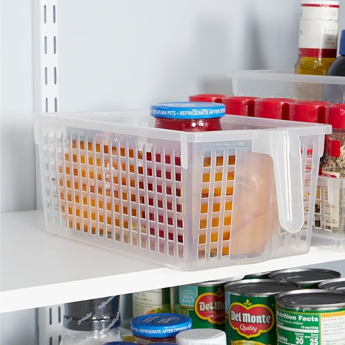 Plastic Storage Bin with Handle for Kitchen, Pantry, and Refrigerator Organization by Home Basics | Convenient Food Storage Organizer for Snacks, Food Items, Produce, and Pasta
