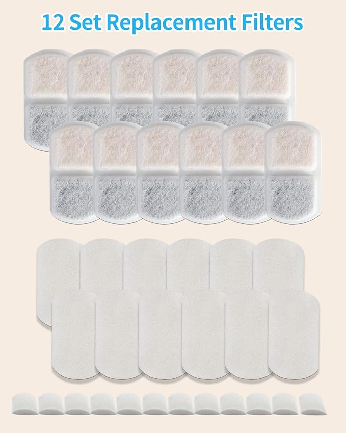 12 Pack Wireless Cat Water Fountain Replacement Filter, Cordless Stainless Steel Cat Fountain for 74oz/2.2L Rechargeable Automatic Pet Water Fountain for Cats