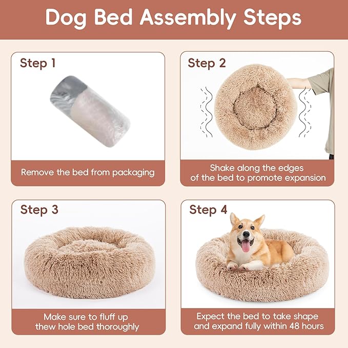 FluffyDream 30 Inch Calming Donut Bed for Dogs and Cats, Brown Washable Plush Fur Cuddle Bed