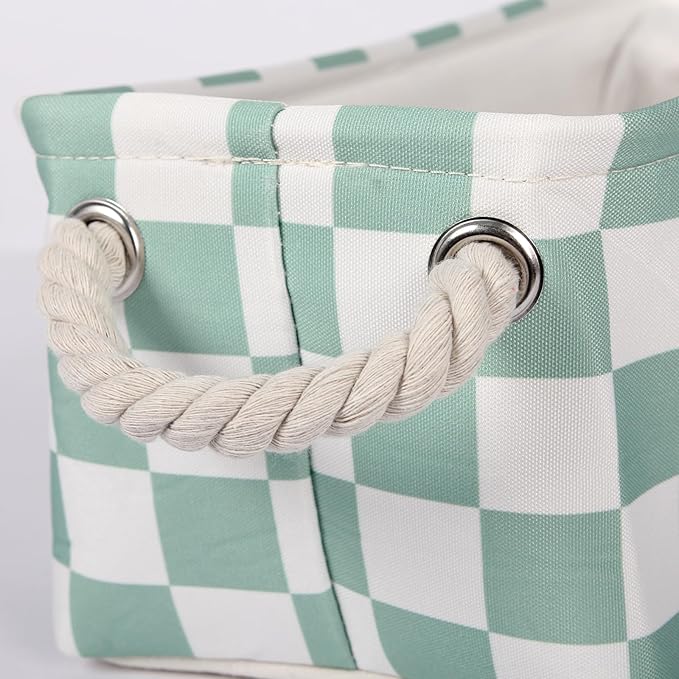 3Pcs Sage Green Checkered Canvas Basket, Small Rectangular Organizing Decorative Storage Basket for Kids, Dog Toy, Cute Aesthetic Checkered Room Decor for Home, Bedroom, Shelves (Green)