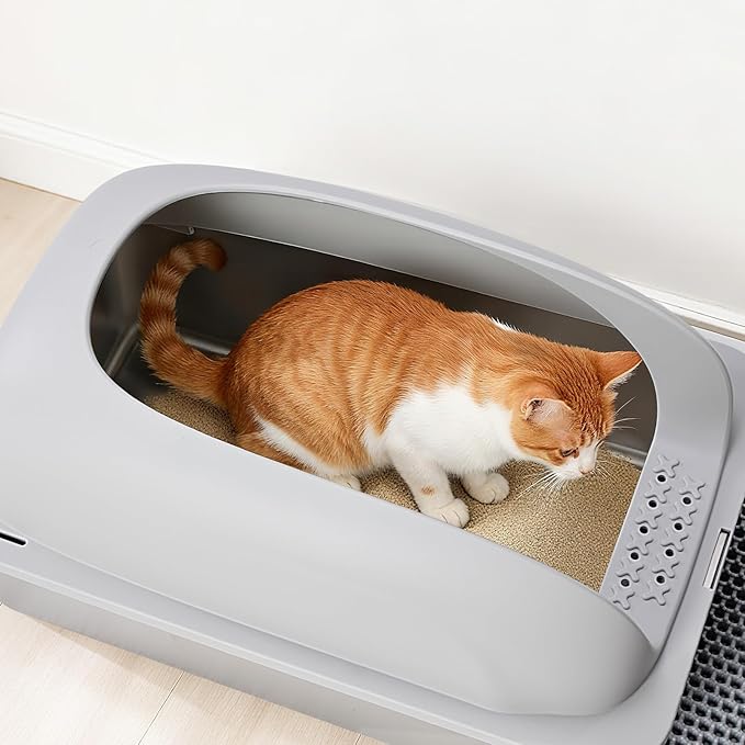 Stainless Steel Cat Litter Box with Lid, High Sided Large Cat Litter Box for Anti-Urine Leakage, Included Scoop and Litter Mat, Light Gray