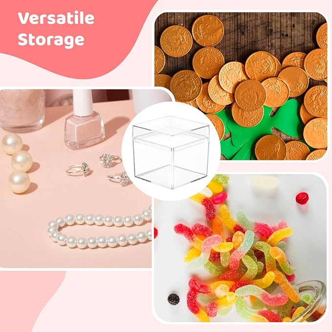 yeesport 100 Pcs Acrylic Boxes with Lids, 2×2×2" Mini Clear Candy Boxes, Square Transparent Display Cases, Stackable Storage Cubes, Small Containers for Wedding Favors, Jewelry, Treats