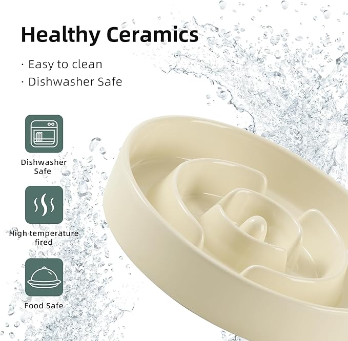 Ceramic 1.6 Cup Slow Feeder Dog Bowl for Medium and Large Breed, 8.2inch Puzzle Dog Food Dish, Anti-Gulping, Stop Bloat, Preventing Choking (Single Bowl-Light Yellow)