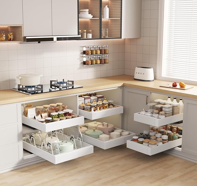 4 Pack Pull out Cabinet Organizer 21" Deep With Raising Pad for Framed Cabinets, Expandable (9"-14" W) Slide out Drawers for Kitchen Cabinets with 4pcs Divider Racks, Roll out Shelves, White