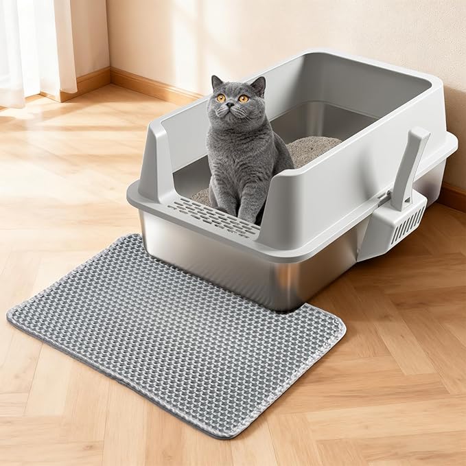 Stainless Steel Litter Box with Lid,XL Metal Cat Litter Box,Extra Large Litterbox for Big with High Sides,Non-Stick, Odor-Free,Easy to Clean,Include Litter Mat &Scoop,23x14.6x10in