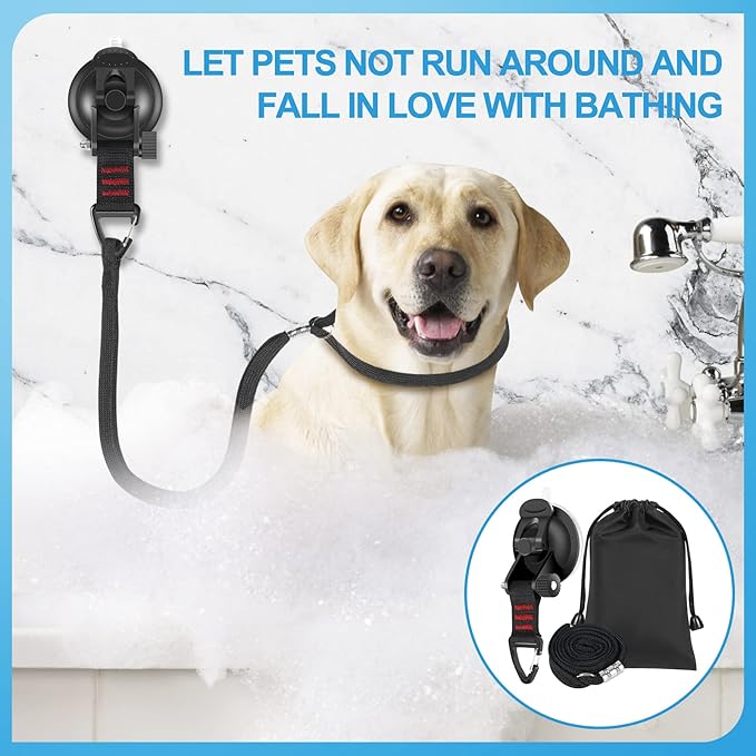 Dog Bathing Tether with Heavy Suction Cup, Dog Grooming Tub Restraint Soft Nylon Leash with Adjustable Collar for Pet Dog Cat Shower and Grooming Red