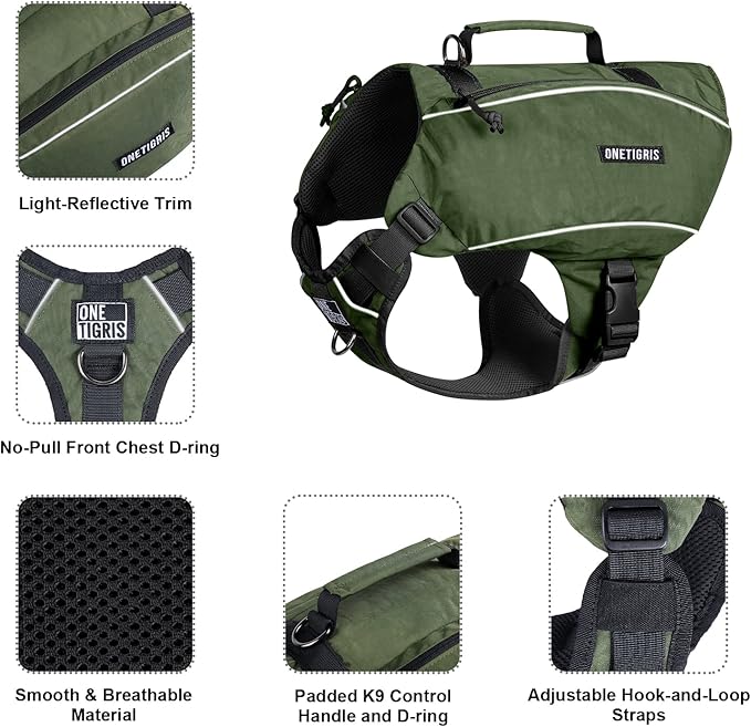 ONETIGRIS Y-Shaped Dog Backpack with Handle, Pockets & No Pull D-Rings, Lightweight Hiking Gear for Dogs Hunting Camping Travel (Medium, Green)