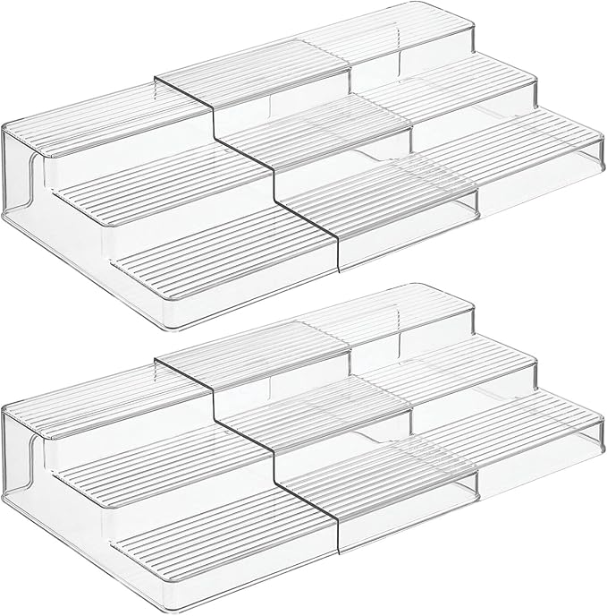 mDesign Plastic Spice/Food Kitchen Expandable Cabinet Shelf Organizer, 3 Tier Storage, Compact Caddy Rack for Cupboards, Refrigerator Holds Spices/Herb Bottles - Lumiere Collection - 2 Pack - Clear