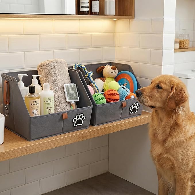 2-Tier Dog Shelves Storage Organizer, Dog Toy Basket, Hanging Closet Organizer for Pet, Fabric Storage Bins Dog Cabinet, Collapsible Baskets for Dog Toys,Colloar,Clothes,Blanket -Grey