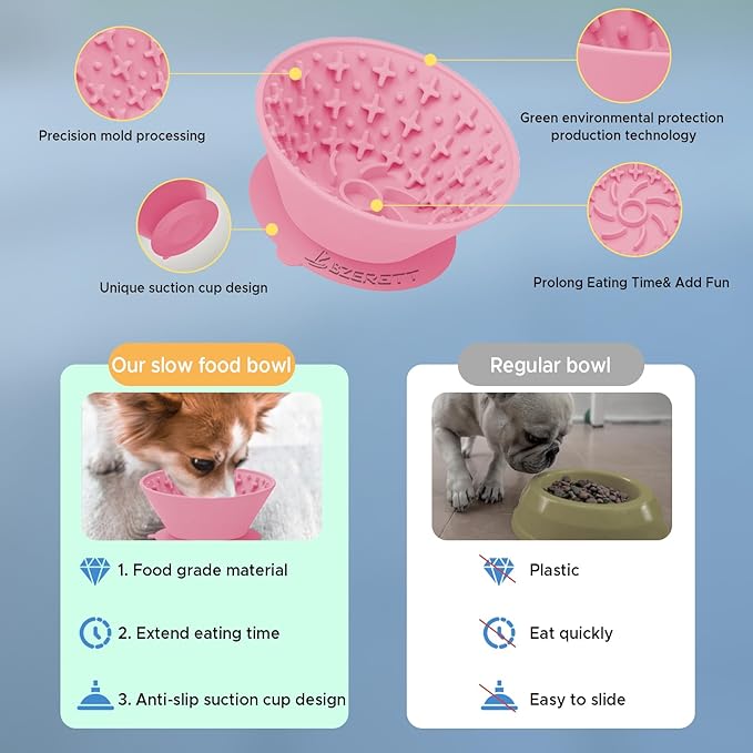 Dog Lick Bowl – Silicone Lick Mat for Dogs,Freezer-Safe, Slow Feeder, Non-Slip Base, Includes Brush & Scraper, Large Opening for Anxiety Relief & Oral Health, Ideal for Frozen Treats (Pink)-Large