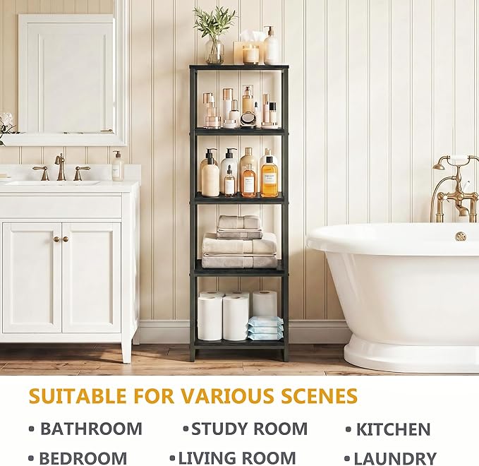 5-Tier Bathroom Shelving Unit, 47" H Narrow Open Floor Shelves, Metal Corner Slim Storage Rack for Bathroom Laundry Room Kitchen Living Room, Black