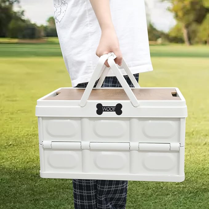 Morezi Outdoor dog toy bin chew proof box storage in plastic foldable designed dog stuff organizer great for pet food organizing toys leashes clothing in outside cream