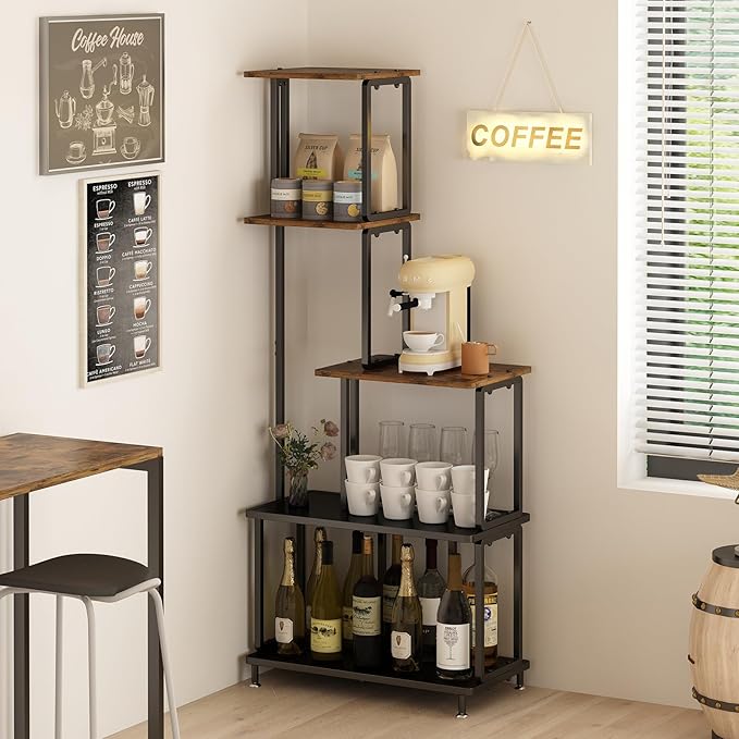 GILLAS 5 Tier Corner Shelf Stand, Freestanding Corner Shelf Corner Bookshelf, Corner Table with Shelf, Tall Storage Organizer Rack for Living Room, Bedroom, Office. Small Space