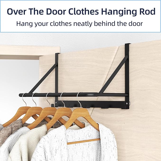 Over The Door Clothes Hanger, Metal Clothes Rack for Door with 5 Hooks, Over The Door Hanger for Bathroom, Laundry, Bedroom, Washroom, Fits Door Up to 1.97", Matte Black