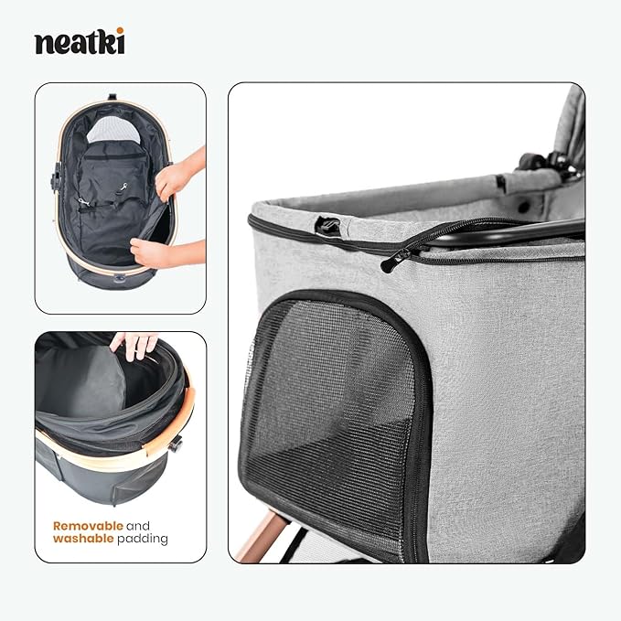 Foldable Pet Stroller for Dogs and Cats, 27.55x19.68x40.55, 33 lbs Capacity, 360° Swivel Front Wheels, One-Click Fold, Leash & Lock Clips, Removable Washable Padding, Cup Holder (Gray, 33 lbs)
