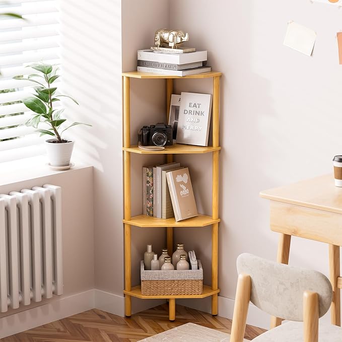 Corner Shelf Stand, 4 Tier Bamboo Corner Bookshelf, Narrow Tall Bookcase, Corner Shower Caddy, Open Storage Shelves, Plant Display Shelf, for Living Room, Kitchen, Office, Balcony, Bathroom