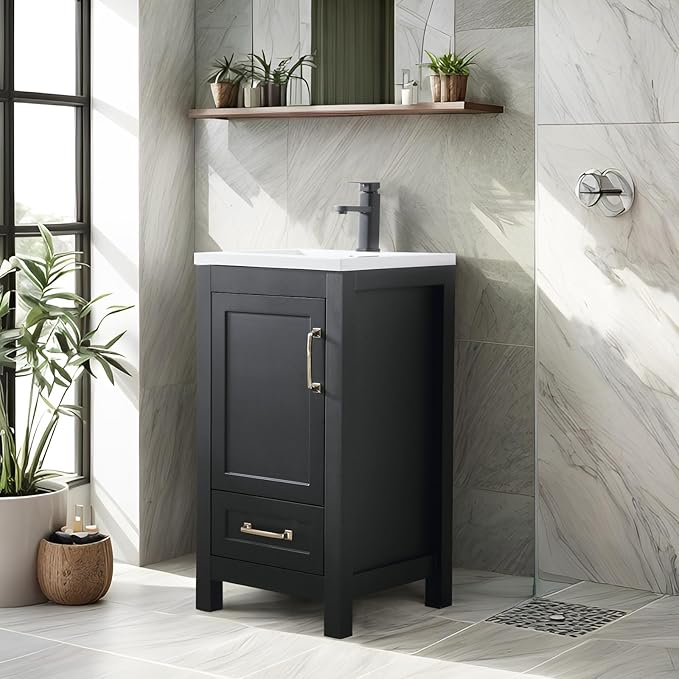 eclife 18" Bathroom Vanities with Sink Combo, Modern Thickened Wood Bathroom Storage Cabinet w/Undermount Sink, Matte Black Faucet Drain, Painted Surface, Black